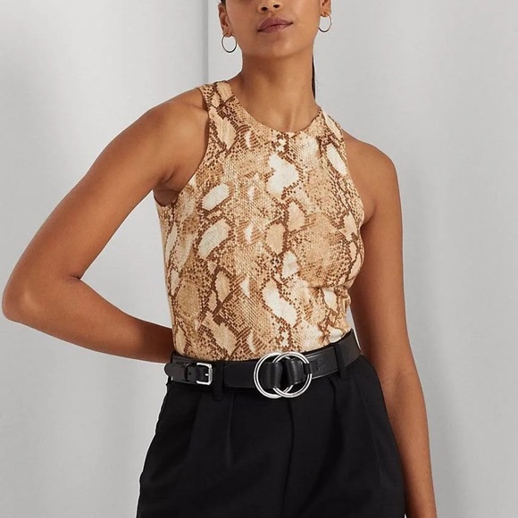 Lauren Ralph Lauren Snakeskin-Print Cotton-Blend Tank Top Size 2X - Brown - NWT - Picture 1 of 11
